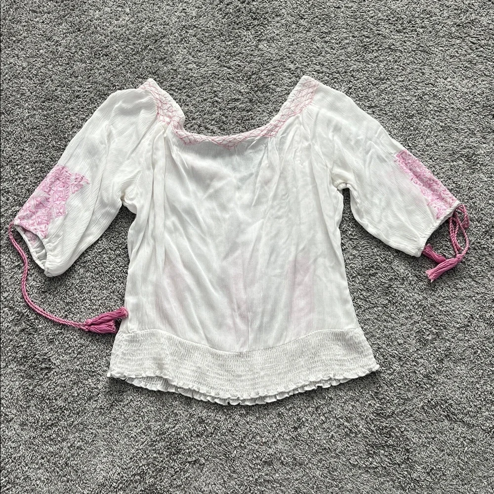 Women’s White and Pink Embroidered Boho Peasant Blouse w/ Pink Cord Ties Size M